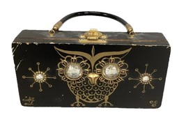 RARE Vintage Enid Collins 1967 Night Owl  Black Wooden Box Purse Handbag  - $74.25