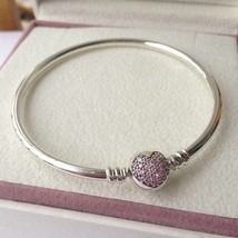 Real 925 Sterling Silver Circle of Love With Pink CZ Bangle Fit Moments Charms - £23.48 GBP+