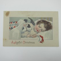 Christmas Postcard Child Sleeps with Toys Fox Terrier Jack Russell Dog Antique - £6.25 GBP