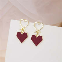 Wine Red Enamel &amp; 18K Gold-Plated Double Heart Drop Earrings - £10.38 GBP