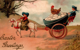 Easter Postcard Children Riding Sheep Egg Cart Boy Cowboy Germany PFB Unposted - £18.61 GBP