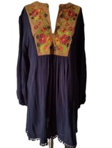 Umgee Faux Suede Embroidered Flower Tunic Top Dress Size S Pom Fringe Blue Boho - £15.81 GBP