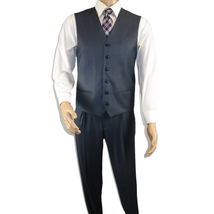 Mens Vitali Three Piece Suit Vested Sheen Sharkskin Business M3090 Navy blue image 9
