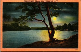 Generic Moonlit Landscape Greetings From Plattsburg NY New York Linen Postcard - £3.85 GBP