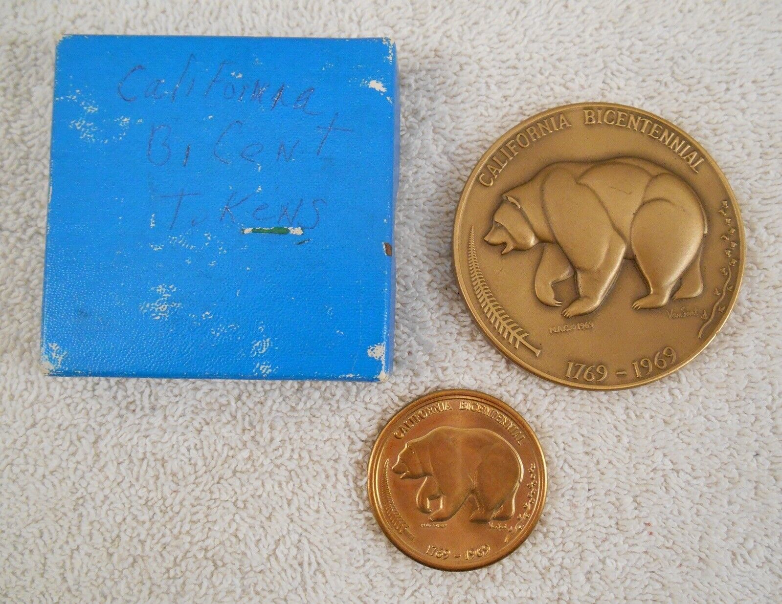 2 - California Bicentennial 1769-1969 Grizzly Bear Bronze Medals  2.5” & 1.5" - $48.99