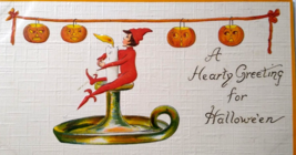 Halloween Postcard Pixie Elf Hanging On Candle Leubrie Elkus 7018 Germany 1912 - £84.53 GBP