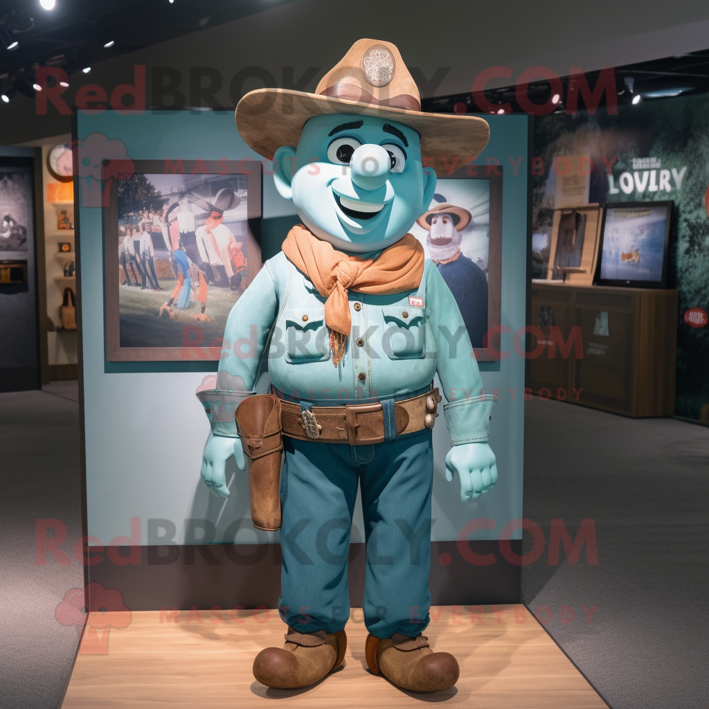 Teal Cowboy mascot costume character dressed with a Henley Shirt and Sus... - $1,199.00