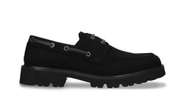 Men vegan boat shoes on black Microsuede casual minimalist ridged rubber sole - £111.63 GBP
