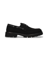 Men vegan boat shoes on black Microsuede casual minimalist ridged rubber sole - $150.73