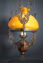 Rare Victorian Bronze and Yellow Opaline Round Shade Pendant Lamp chande... - £406.44 GBP