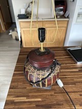 Table Lamp Vintage Bamboo Rice Container Lacquered Handmade Hand Painted - £75.16 GBP