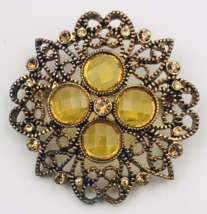 VTG Premium Design PD Filigree Style Brooch Pin w/ Amber Colored Faceted Stone - £7.44 GBP