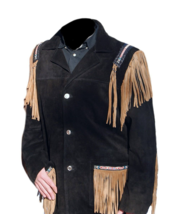 Men&#39;s American Suede Leather Jacket Handmade Indian Beaded Cowboy Style ... - $88.77+