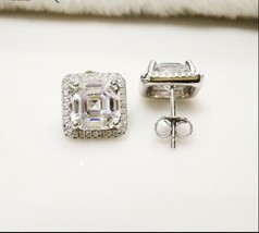 2.80Ct Asscher Cut Simulated Diamond  Halo Stud Earrings 14K White Gold Finish - £106.80 GBP