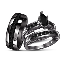 Round Black Diamond Halo Engagement Wedding Trio Ring Set 14K Black Gold Finish - £111.97 GBP