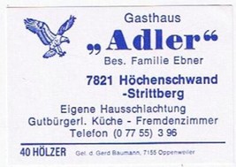 Matchbox Label Germany Gasthaus Adler Strittsberg - £0.76 GBP