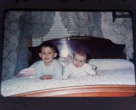 1953 Color Slide Family New Baby &amp; Brother On Bed  Mid Century Newborn Cute - $14.99