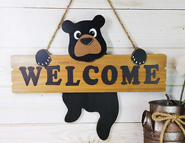 Black Bear Cub Hanging On Welcome Sign Plank MDF Wood Door Or Wall Decorative - $34.99