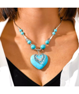 Women Turquoise Necklace Big Natural Stone Double Layer Hearts Pendant S... - $355.08 MXN