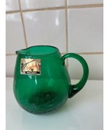 Vintage Hand-Crafted Emerald Green Crackle Glass Applied Handle Pitcher 4&quot; - $19.79