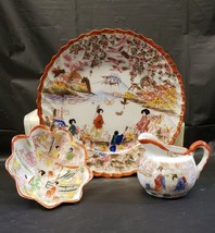 3 Pc Geisha Ware Plate Footed Bowl Creamer Red Trim Japan Hand Painted - $9.35