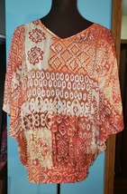 CHICO&#39;S Semi Sheer Aztec Geometric Wearable Art Kimono Sleeve Orange Top Sz M - £18.38 GBP