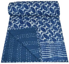 Indian Handmade Blue Color Kantha Quilt, Bedding Blanket Throw, Reversible Quilt - £45.24 GBP+