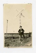 Young Man in Front of Railroad Crossing Sign Photo Old Railroad Passenger Car  - £13.99 GBP
