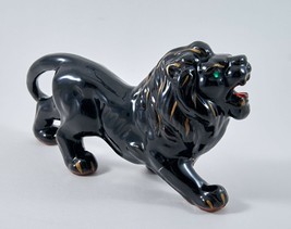 Lion Figurine Black W/ Gold Accents &amp; Green Eyes Ceramic Statue Japan 7.5&quot; Vtg - £20.05 GBP