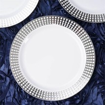 10 Plastic White 9&quot;&quot; Round Plates Silver Trim Disposable Light Gray Party Home - £7.52 GBP