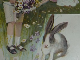 Black &amp; White Rabbit, Boys W/ Flowers, Girls on Grass Antique Easter Postcard  - £6.01 GBP