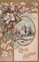 A Merry Christmas Snow Scene Church Flowers Bells Holly 1909 Postcard D58 - £2.38 GBP