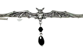 Goth Vampire Queen Silver Bat Tone Headpiece W/ Black Beaded Drop Dangle Accent image 2