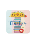 Cork-back coaster | T is for Teacher Floral Pencil Books Apple - $15.15 CAD