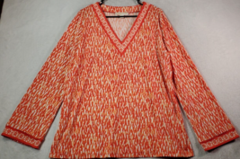 Michael Kors Blouse Top Womens XL Orange Geo Print Knit Long Sleeve V Neck Slit - £13.79 GBP