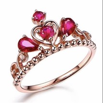 14K Rose Gold Plated Adjustable Red Crystal Crown Ring for Women - £9.60 GBP
