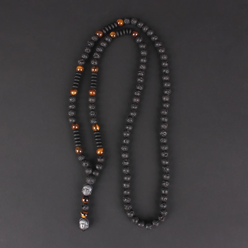 New Vintage Natural Tiger-eye Stone Black Lava Beads Buddha Head Pendant - £6.20 GBP