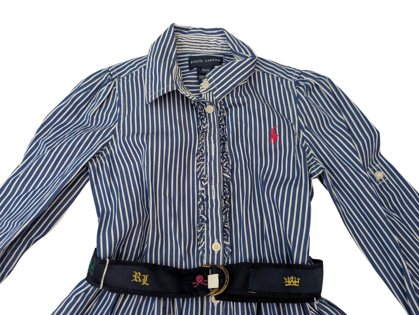 Girls 3T Ralph Lauren Blue Pinstripe ShirtDress With Belt Excellent Condition Item image 6
