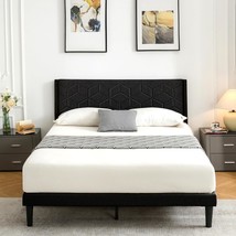 Full Bed Frame Upholstered Platform With Headboard And Strong Wooden, Black - $139.99