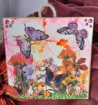 Butterfly Garden Bliss Handcrafted Painted Ceramic Tile For Hanging Fram... - $8.95