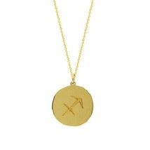 14K Solid Gold Organic Disk Engraved Sagittarius Zodiac Symbol Pendant Necklace - $417.60