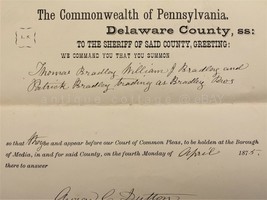1875 Antique George Dutton V Bradley Bros Delaware Cty Media Pa Sheriff Summons - £36.85 GBP
