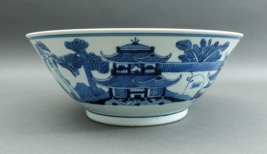 Chinese Export Blue And White Nanking Porcelain Landscape Pagoda Scene Bowl - £215.78 GBP