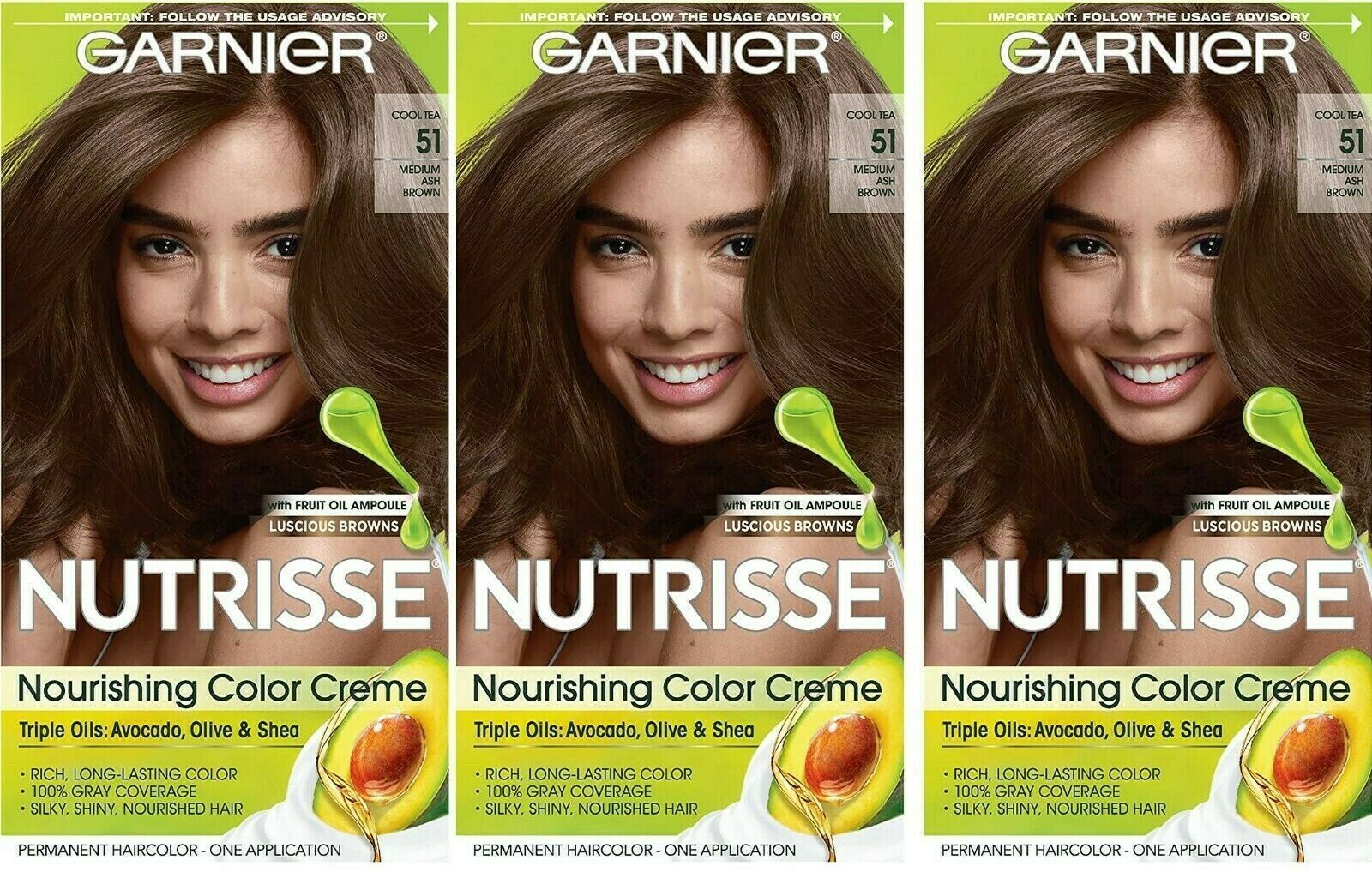 3 x Garnier Nutrisse Nourishing Hair Color Creme, 51 Medium Ash Brown(Cool Tea) - $29.69