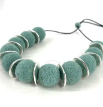 Aqua blue felted wool necklace with silver oval disk spacer beads, handmade felt - £47.69 GBP
