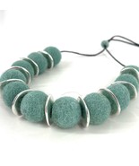 Aqua blue felted wool necklace with silver oval disk spacer beads, handm... - $60.00