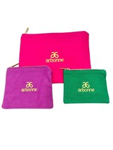 Arbonne Set of 3 Sizes Canvas Bags Pink Purple Green Zip Closure NEW - $15.15