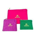 Arbonne Set of 3 Sizes Canvas Bags Pink Purple Green Zip Closure NEW - £14.21 GBP
