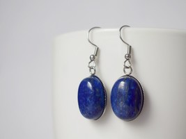 Lapis Lazuli Dangle Earrings, Oval Blue Lapis Earrings, Gemstone Earrings, Dark  - £27.89 GBP