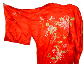 Vintage Silk Blend Embroidered Kimono High Class Garment Mfg Red Free Sz Asian - £101.26 GBP